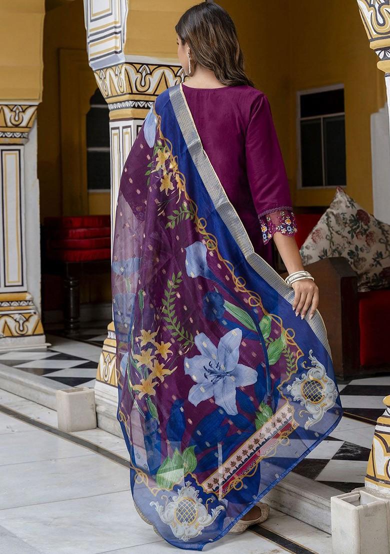 Purple Floral Embroidered Poly Blend Kurta Set