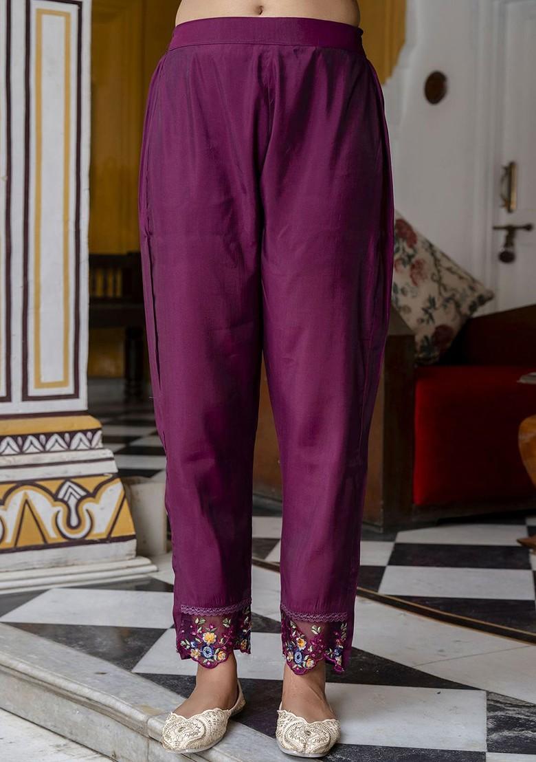 Purple Floral Embroidered Poly Blend Kurta Set