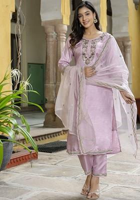Lavender Printed Poly Blend Kurta Set
