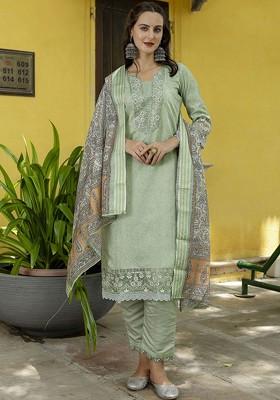 Green Floral Print Poly Blend Kurta Set