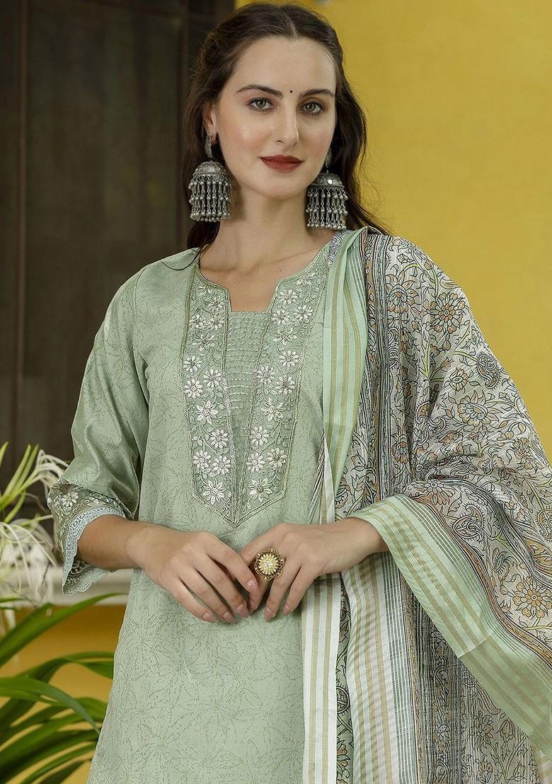 Green Floral Print Poly Blend Kurta Set