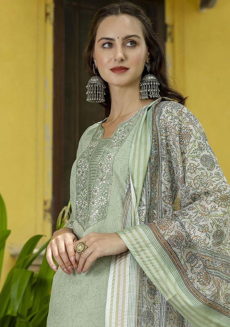 Green Floral Print Poly Blend Kurta Set