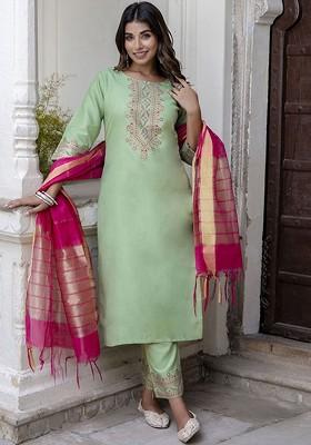 Green Floral Print Poly Blend Kurta Set