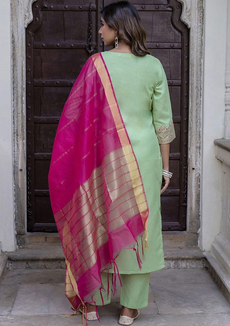 Green Floral Print Poly Blend Kurta Set