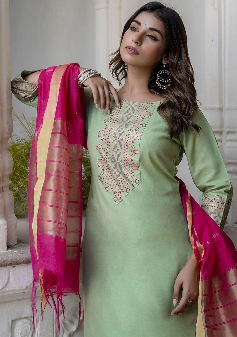 Green Floral Print Poly Blend Kurta Set