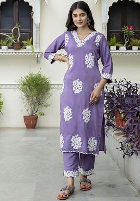 Lavender Floral Embroidered Poly Blend Kurta Set