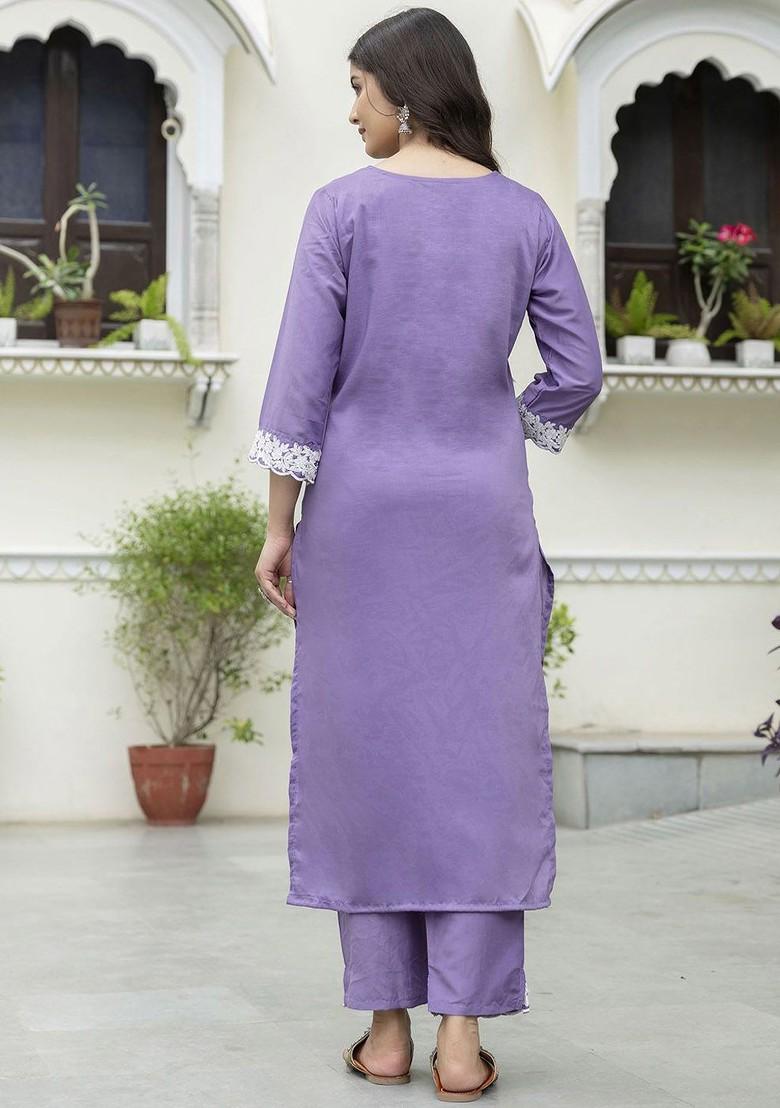 Lavender Floral Embroidered Poly Blend Kurta Set