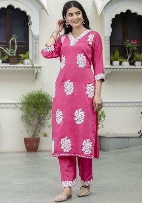 Pink Floral Embroidered Poly Blend Kurta Set