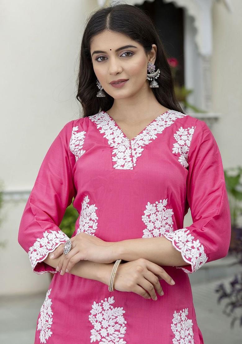 Pink Floral Embroidered Poly Blend Kurta Set