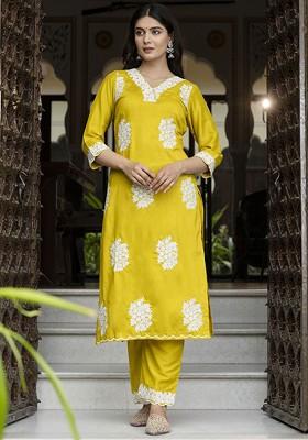 Yellow Floral Embroidered Poly Blend Kurta Set
