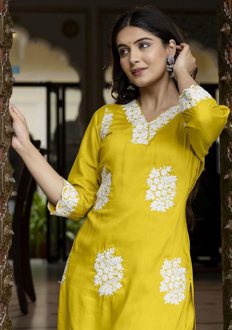 Yellow Floral Embroidered Poly Blend Kurta Set