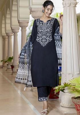 Black Floral Embroidered Poly Blend Kurta Set