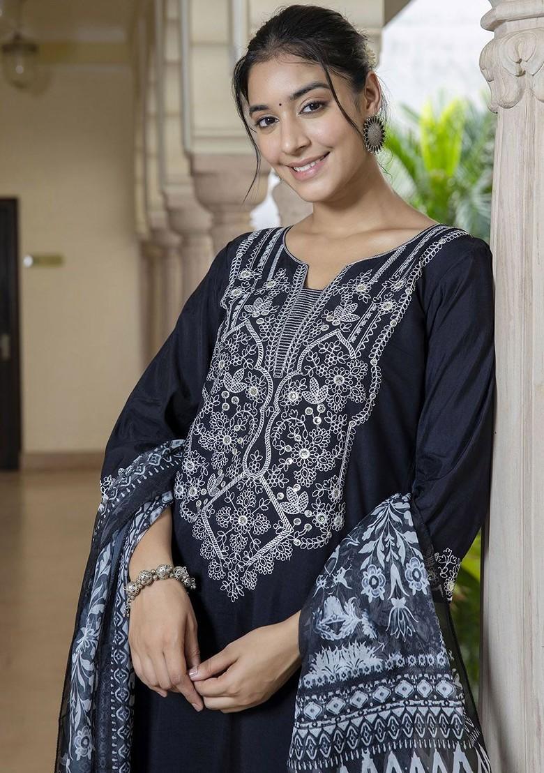 Black Floral Embroidered Poly Blend Kurta Set