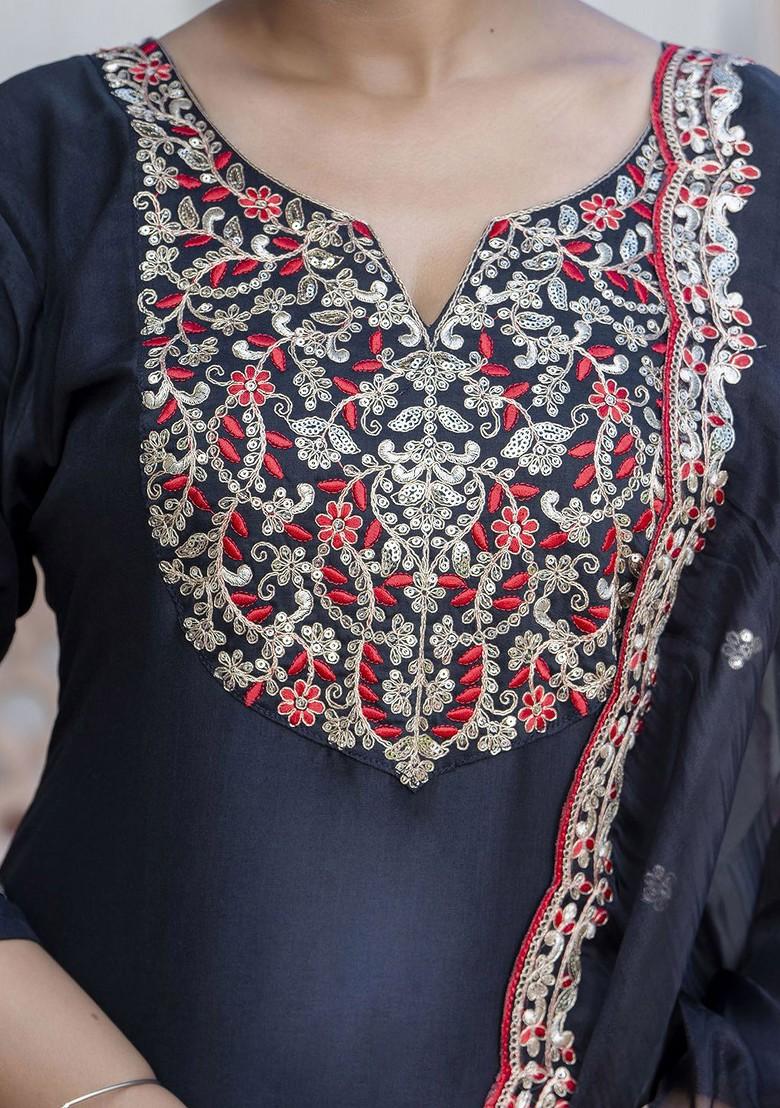 Black Printed Poly Blend Kurta Set
