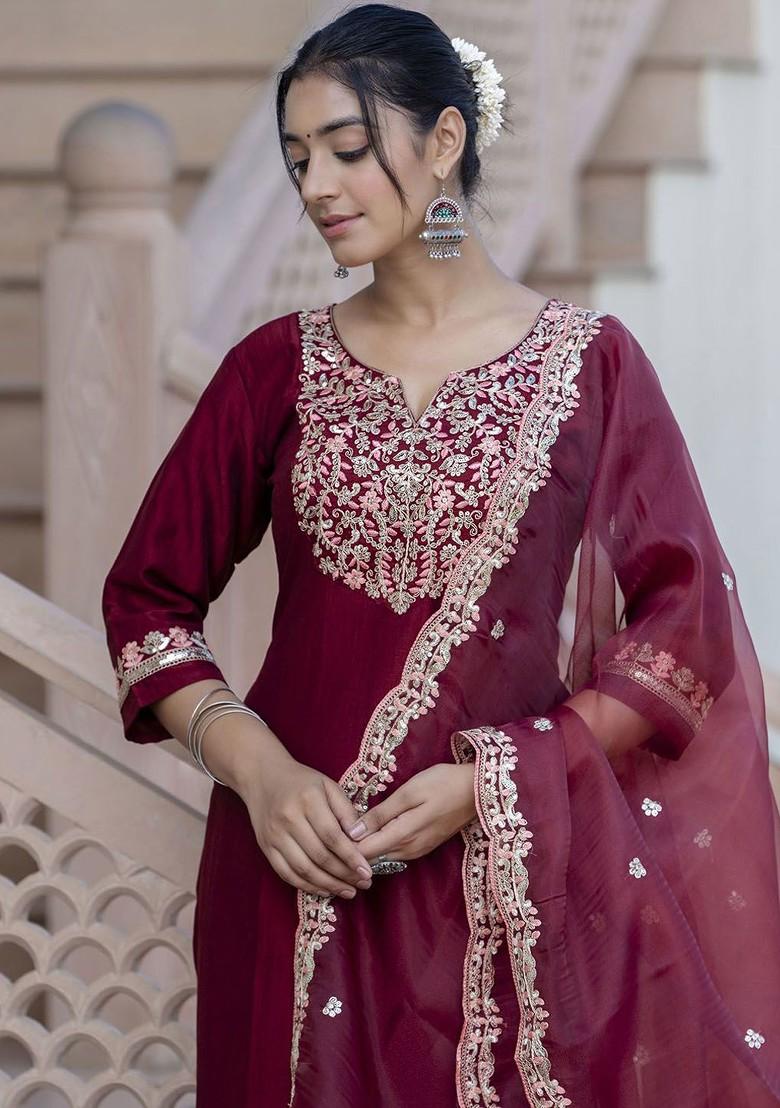 Maroon Floral Embroidered Poly Blend Kurta Set