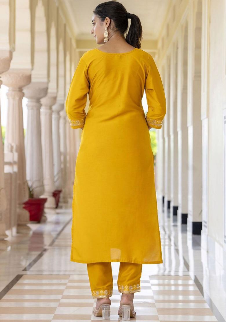 Yellow Zari Embroidered Poly Blend Kurta Set