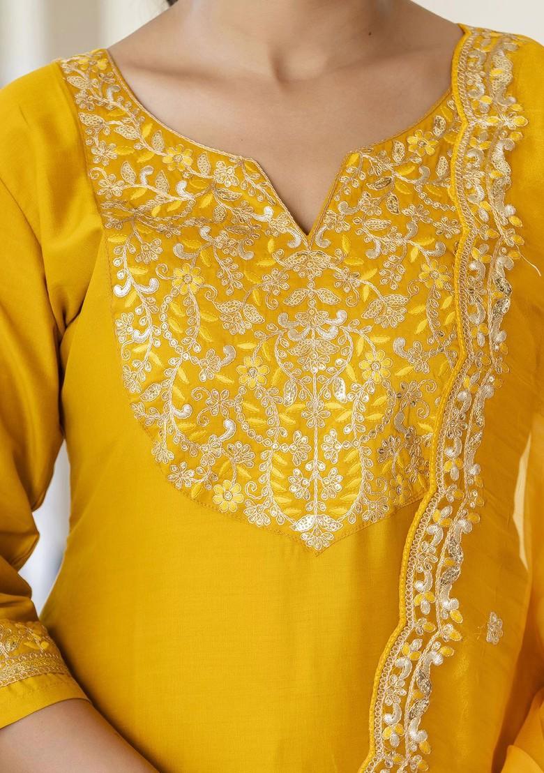 Yellow Zari Embroidered Poly Blend Kurta Set