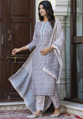 Blue Printed Poly Blend Kurta Set