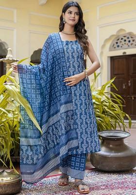 Blue Ethnic Motifs Embroidery Poly Blend Kurta Set
