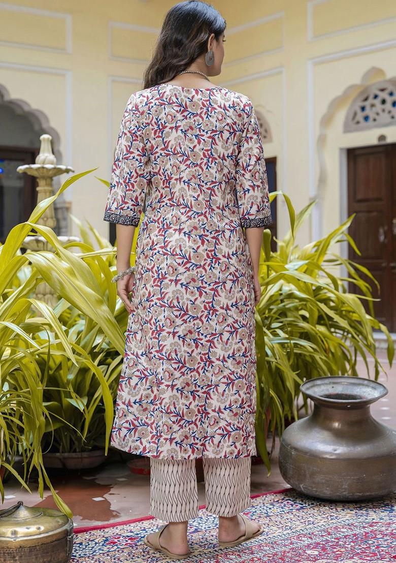 Cream Ethnic Motifs Embroidery Poly Blend Kurta Set