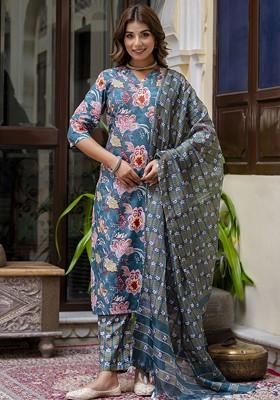 Teal Floral Print Poly Blend Kurta Set