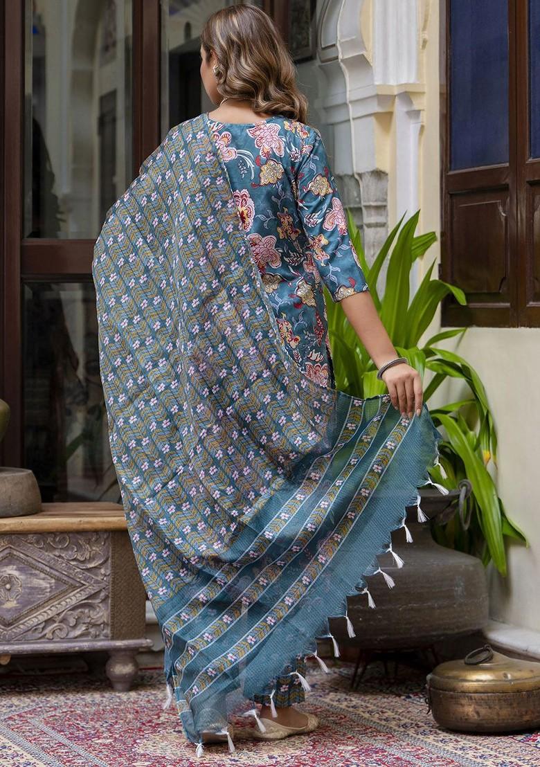 Teal Floral Print Poly Blend Kurta Set