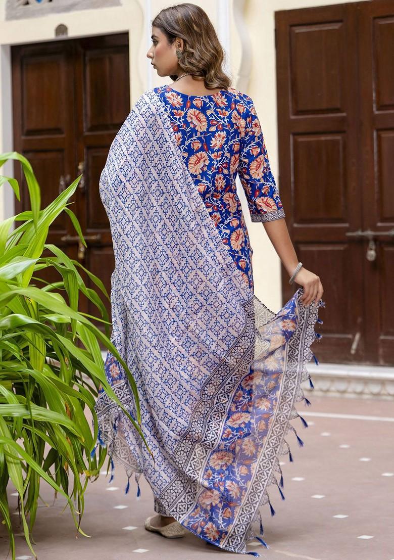 Blue Floral Print Poly Blend Kurta Set