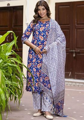 Blue Ethnic Motifs Embroidery Poly Blend Kurta Set