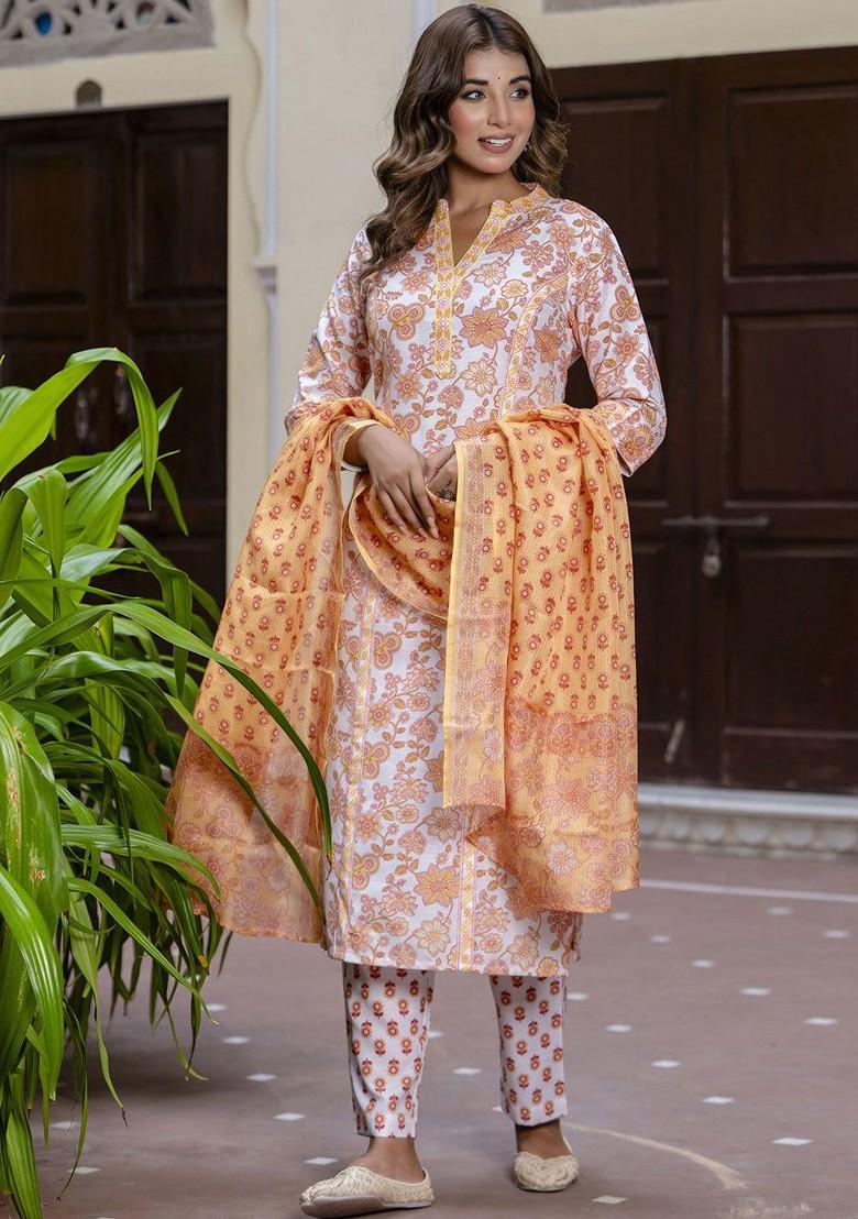 White Floral Print Poly Blend Kurta Set