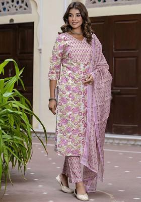 Purple Floral Print Poly Blend Kurta Set