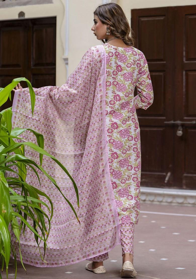 Purple Floral Print Poly Blend Kurta Set