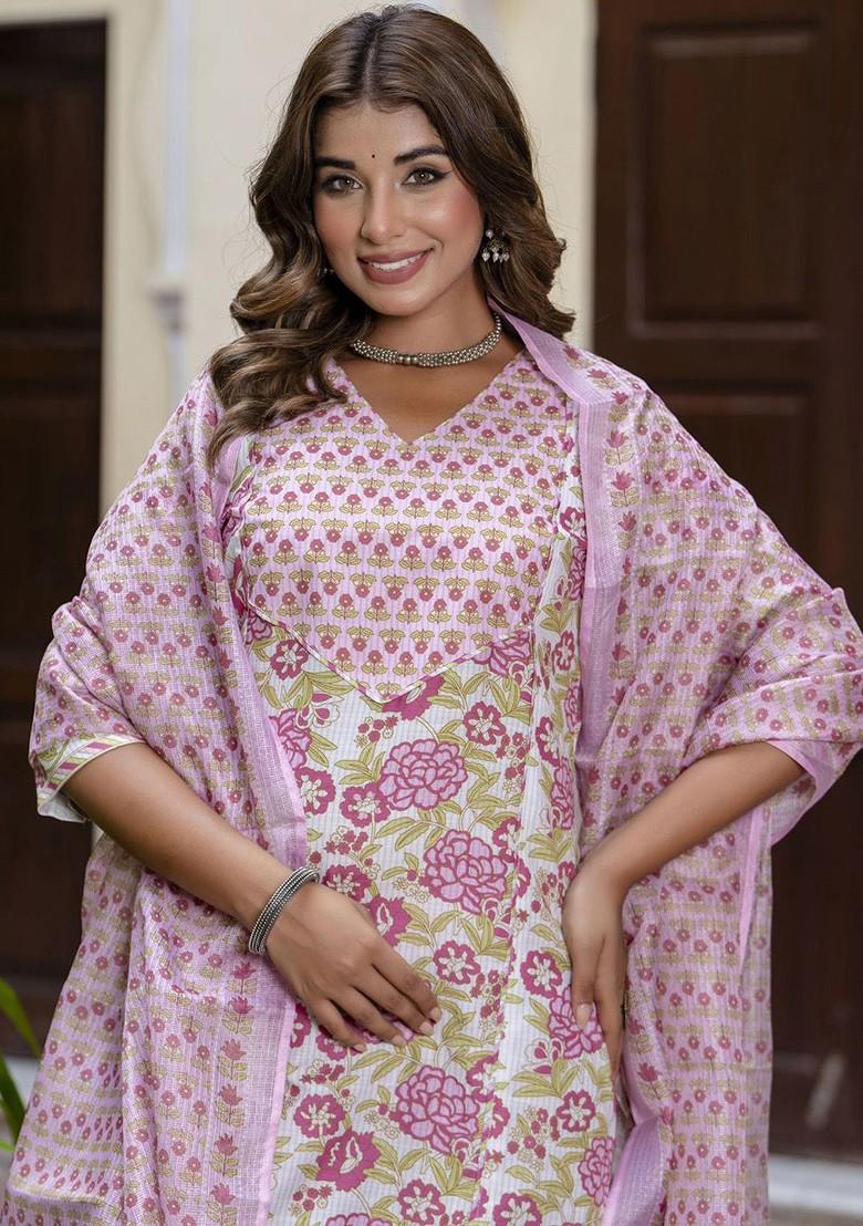 Purple Floral Print Poly Blend Kurta Set