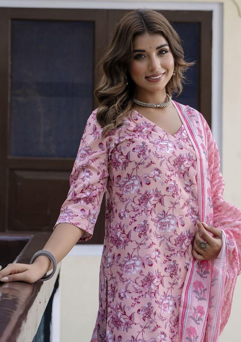 Purple Floral Print Poly Blend Kurta Set