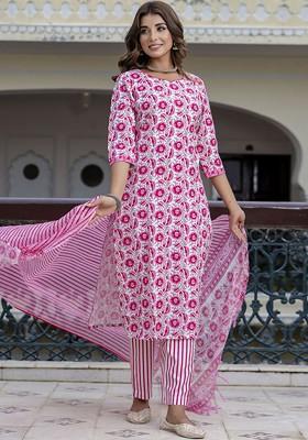 Pink Floral Print Poly Blend Kurta Set