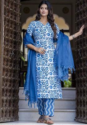 Blue Floral Print Poly Blend Kurta Set