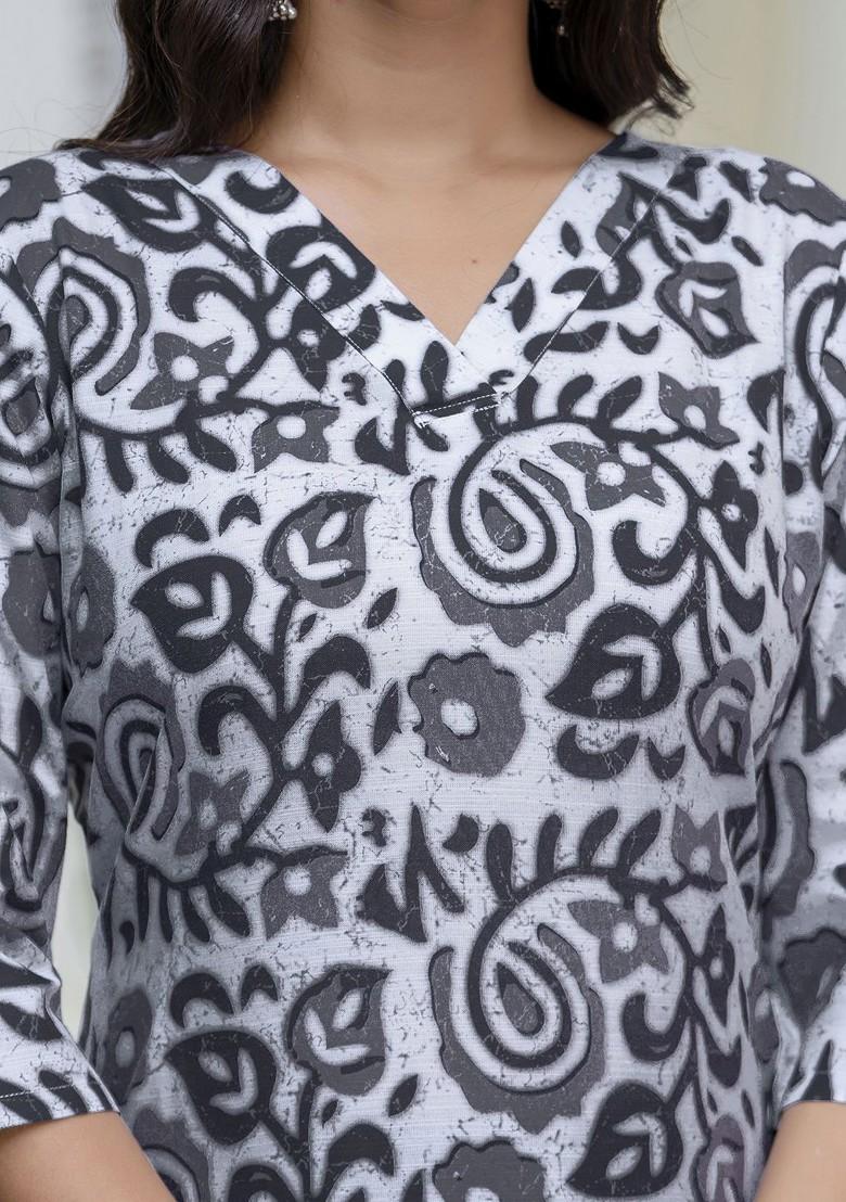 Black Floral Print Poly Blend Kurta Set