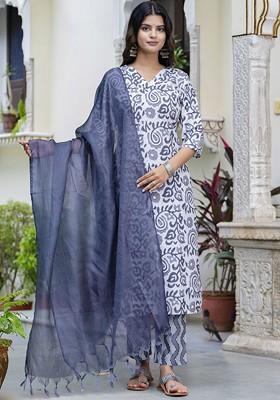 Blue Floral Print Poly Blend Kurta Set
