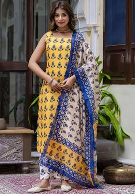 Yellow Ethnic Motifs Embroidery Poly Blend Kurta Set