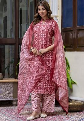 Pink Ethnic Motifs Embroidery Poly Blend Kurta Set