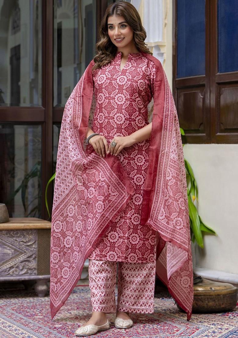 Pink Ethnic Motifs Embroidery Poly Blend Kurta Set