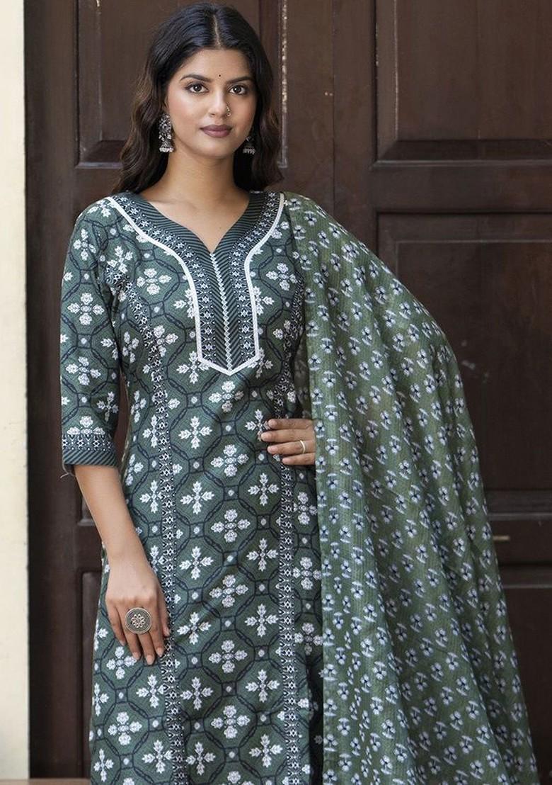 Green Floral Print Poly Blend Kurta Set