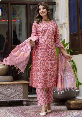 Peach Floral Print Poly Blend Kurta Set