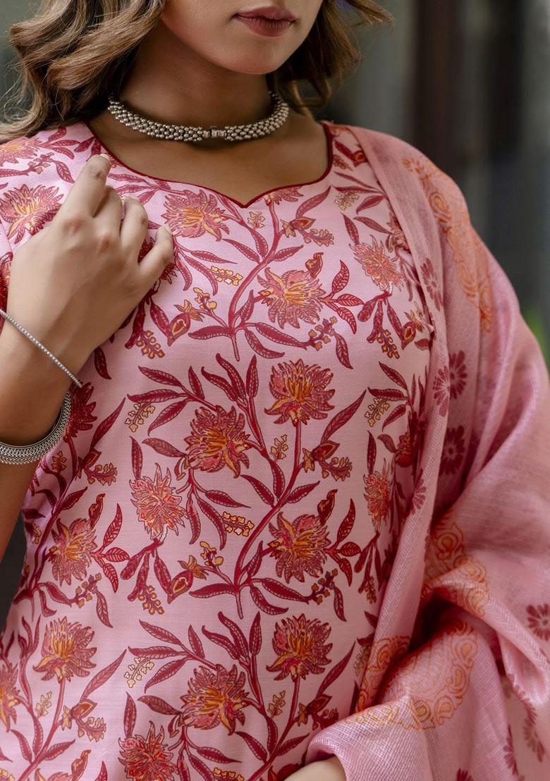 Peach Floral Print Poly Blend Kurta Set