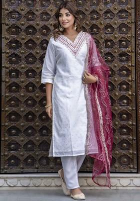 White Woven Silk Kurta Set