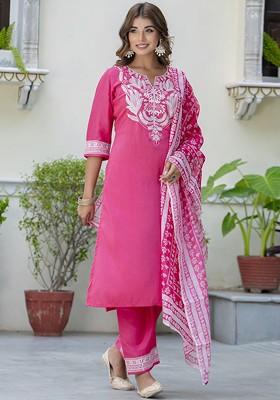 Pink Printed Poly Blend Kurta Set