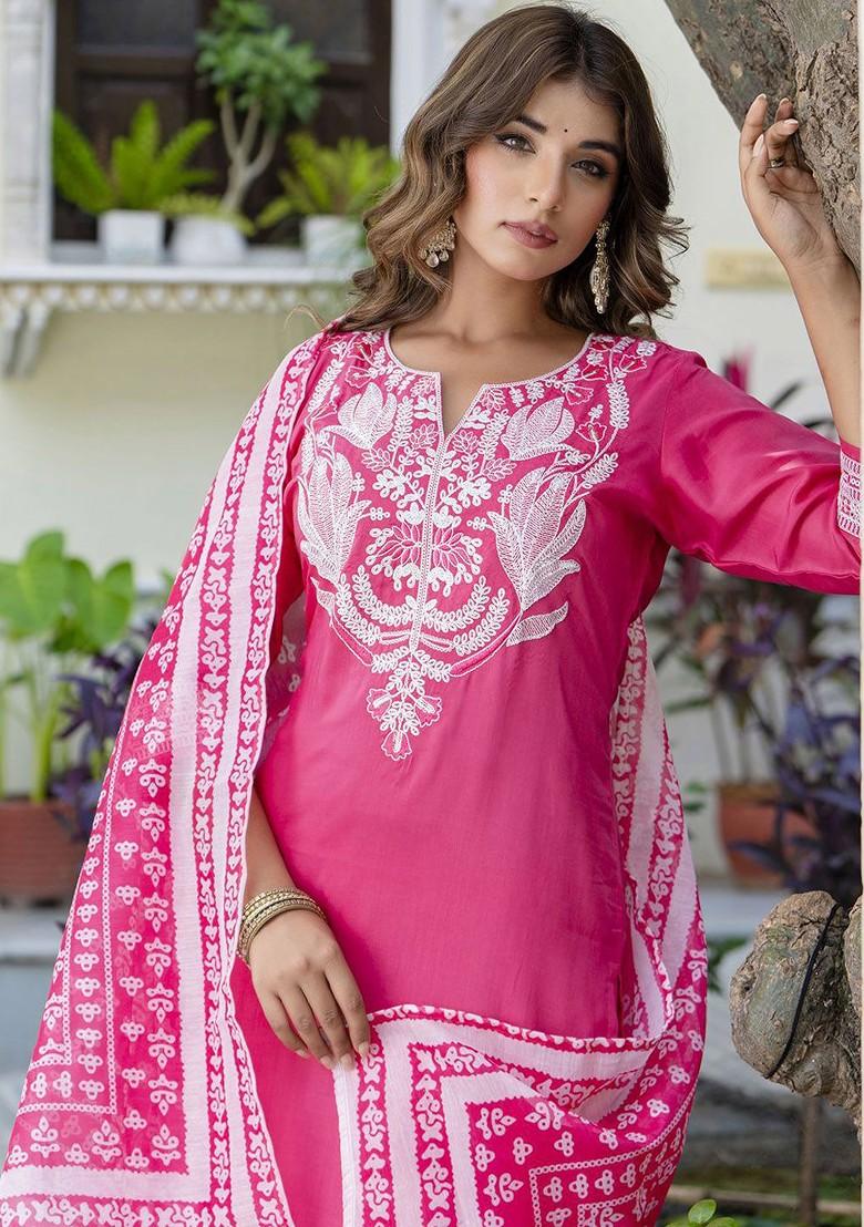 Pink Printed Poly Blend Kurta Set