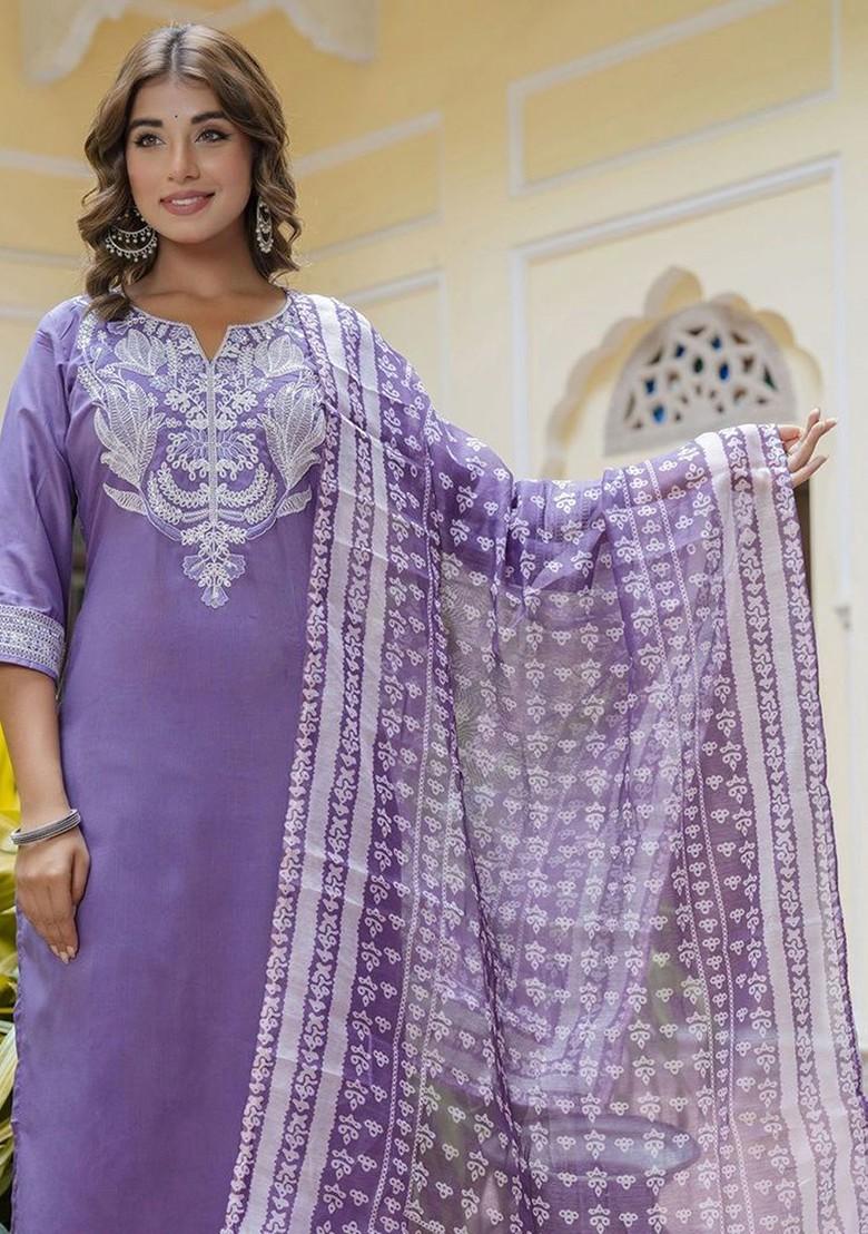 Purple Floral Embroidered Poly Blend Kurta Set