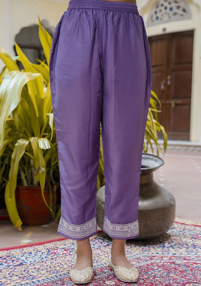 Purple Floral Embroidered Poly Blend Kurta Set