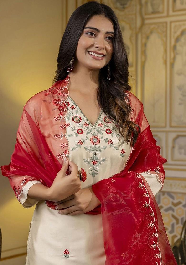 Beige Floral Embroidered Poly Blend Kurta Set