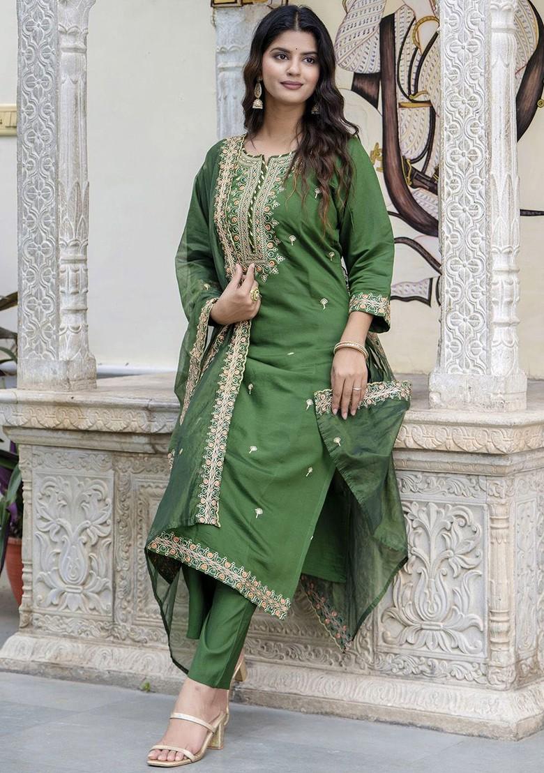 Green Floral Embroidered Poly Blend Kurta Set